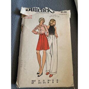 Butterick 3086 Vintage Sewing Pattern 70s Misses Skirt Pant Waist 24-30